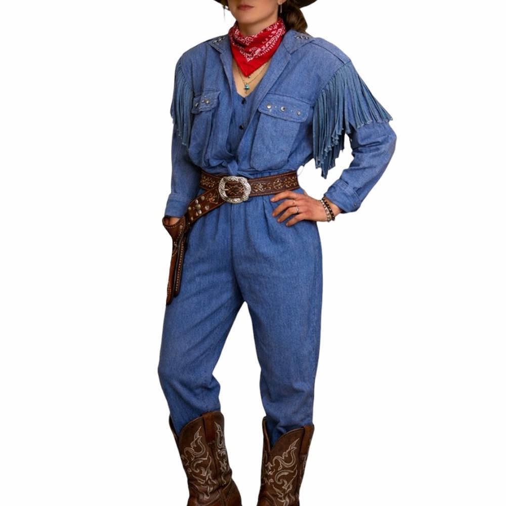 Vintage 80s Western Rodeo Denim Jumpsuit Women's S Chambray Lightweight Fringe